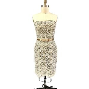 80s VTG Jessica McClintock Gold Satin/Lace Overlay Strapless Party Dress Sz M